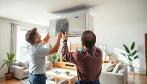 Technician installing a Daikin mini split AC in a stylish living room setting.