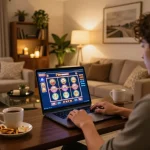 Engaged player enjoying 78win online casino game in cozy living room.