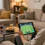 Engaged viewer following da ga thomo live matches on tablet in cozy home setting