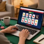 Engaged player strategizing at 789bet online casino on laptop with cards and chips.