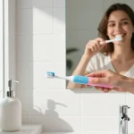 Young woman using Laifen electric toothbrush in a bright, modern bathroom setting.