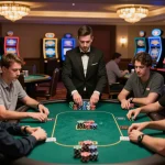 Experience the excitement of high-stakes poker at Sky88 with engaged players and warm casino ambiance.