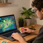 Engaging in a game xx88 on a laptop at home, highlighting strategic gameplay and excitement.