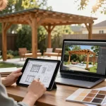 Pergola Sales Software in action while designing a 3D pergola outdoors, showcasing a creative and innovative workspace