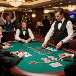 Players enjoying strategic blackjack at an upscale casino table, showcasing the intense atmosphere with da88.