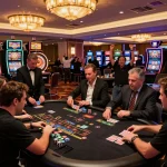 Players engaged at Casino XX88 blackjack table, enhancing strategic gameplay excitement in a vibrant atmosphere.