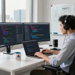 Dynamic coding environment with programmer at https://thscrore.app/ and tech gadgets, showcasing innovation and focus.