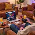 Engaged player enjoying LU88 online casino experience on their laptop in a cozy home setting.