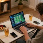 Person engaging with sports betting on 23Win laptop at home while strategizing bets