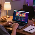 Engaging with 11bet platform on a laptop, showcasing a vibrant online casino gaming setup.
