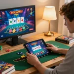 Engaging in strategic gameplay at the online casino 789win with live dealer blackjack on a tablet.