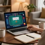 Engaging in poker on a laptop at home while navigating SC88 trang chủ with strategic notes