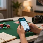 Tải app Five88 on a mobile phone while enjoying a home gaming setup with poker chips and strategies.