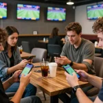 Engaging scene of sports betting, showcasing kèo nhà cái trực tiếp on smartphones amid live game excitement.