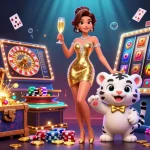 Experience the glamour of RR 88 casino with a stunning illustration of a woman and a lucky white tiger.