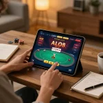 Engaging in ALO8 VIP online poker game using a tablet, surrounded by betting notes.