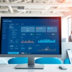 Showcasing call centre software dashboard in a modern office setting with agents collaborating.