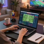 Engaging in sports betting strategy with say88 through live odds on laptop, creating a thrilling atmosphere