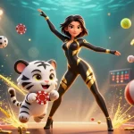 Experience thrilling แทงบอล action with a stunning acrobatic gambler and a playful tiger!