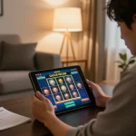 Engaging scene of player focused on slot gacor game on tablet at home, highlighting strategic online gaming.