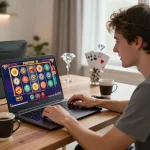 Player enjoying a vibrant slot game on 789club platform, showcasing engaging graphics in cozy home setting