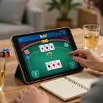 Experience online gaming with fly88 app showcasing poker strategy and cozy home ambiance.