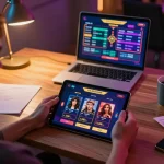Player enjoying O8 hair online casino gaming on tablet in a cozy workspace