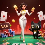 Experience thrilling gameplay at 6623, featuring poker action with a glamorous dealer and playful cat.
