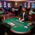 vin88 blackjack table with players engaged, dealer shuffling cards in a luxurious casino