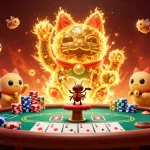 Experience the excitement with nk88 as golden fireflies form a lucky cat amidst vibrant casino symbols.