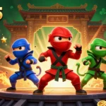 Engage with ok365 as chameleon ninjas leap into a vibrant casino battle, surrounded by slots and gold coins.