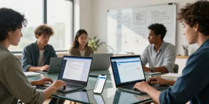 Telegram download showcased in a collaborative tech workspace with diverse professionals using their devices for effective communication.