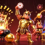 Celebrate big wins at go8 com with a vibrant 3D illustration of a beetle champion lifting a poker chip.