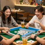Engaged players at https://hm88.cafe/ enjoying a lively Mahjong game in stylish café.