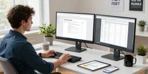 WPS Download in a tech workspace with dual monitors displaying document editing tools and a focused developer.
