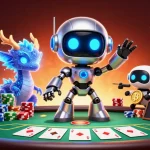 Experience thrilling poker action with KK WIN and the dynamic robotic mascot in a vibrant casino atmosphere.