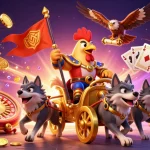 Engage with 33win's dynamic gaming realm featuring a rooster warlord, coins, and vibrant casino elements.