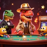 Tải App Go88 with a velociraptor card counter and a stegosaurus pit boss at a lively casino scene.