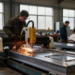 Expert metalworker at commercial steel company using CNC plasma cutter for custom metal fabrication