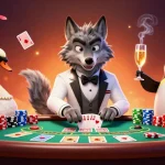 Engage with exciting baccarat action at go8 featuring a debonair wolf, elegant swan dealer, and sophisticated penguin.