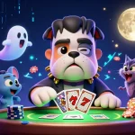 Win big with uu88 as a cartoon bulldog deals cards at a spooky casino table.