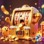 Win big at kp88 with a joyful golden slot machine basking in jackpot glory as coins cascade around!