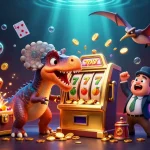 33win slots and jackpot action with cartoon dinosaurs and colorful casino elements