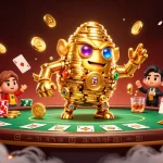 Experience thrilling gameplay with the uu88 ancient golden golem surrounded by poker elements and vibrant gaming atmosphere.