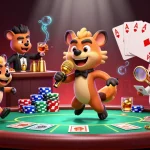 Experience the excitement of 32win1 with hyenas at a vibrant comedy casino club, featuring poker elements.