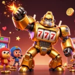 Experience the excitement of five88j with a dynamic 3D illustration of a slot machine gorilla mech bursting with coins.