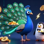 Engage with Go8's dynamic gaming world, featuring a peacock, penguin, and hummingbird among crypto coins and casino elements.