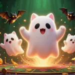 Engage with ml88's dynamic ghost cat and vampire bat in a lively casino scene filled with glowing jack-o-lanterns.