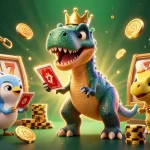 Experience thrilling gameplay with xo88t1 featuring a T-Rex shuffling cards with crypto elements.