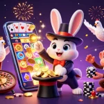 Experience excitement with Link FLY88 as a magician rabbit conjures coins in a vibrant casino scene.